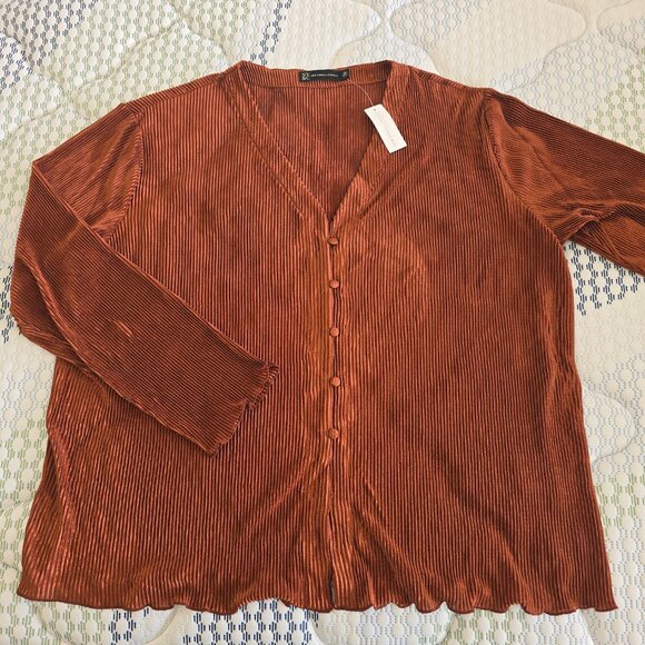 New York & Company Women's Plus Size Brown Pleated Knit Plisse Top Size 2X - Picture 3 of 10